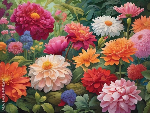 An illustration of a beautiful garden filled with various colorful flowers and foliage