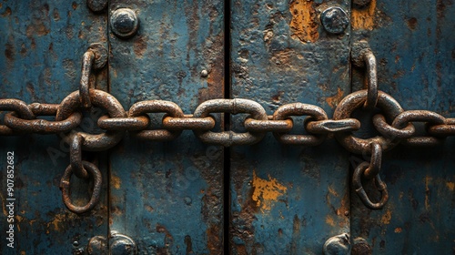 Rusty iron chain securing lock on metal door in afternoon  © Unic