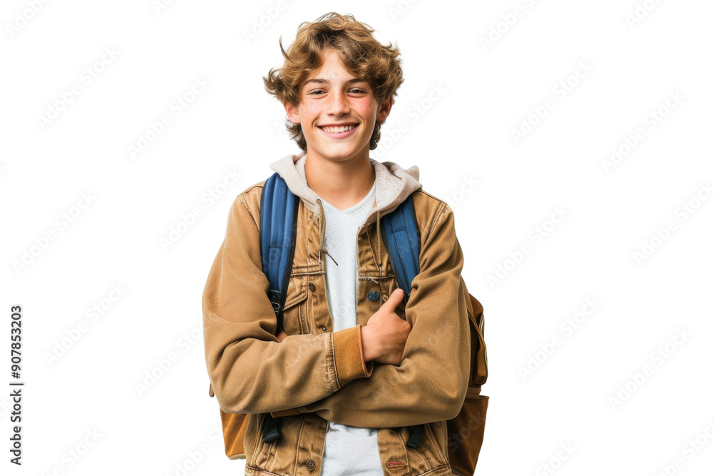 Teen boy standing with backpack, smiling, isolated on white background Teen boy standing with backpack, smiling, isolated on white background