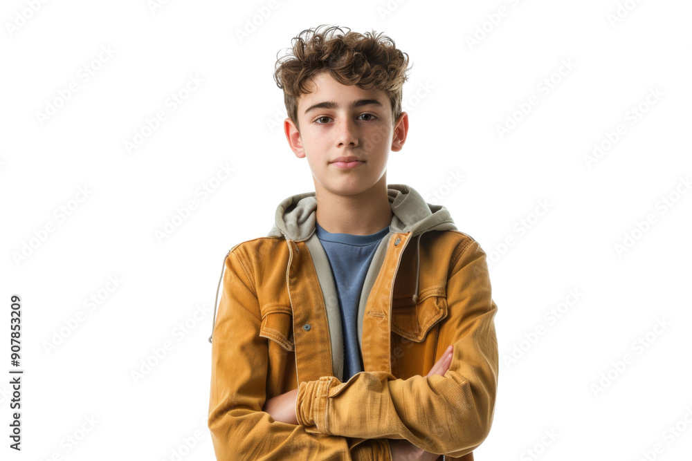 Teen boy standing with arms crossed, casual attire, isolated on white background Teen boy standing with arms crossed, casual attire, isolated on white background