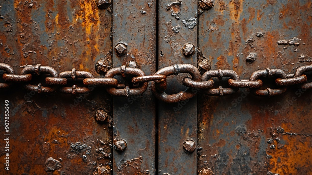 Rusty iron chain securing lock on metal door in afternoon
Rusty iron chain securing lock on metal door in afternoon
