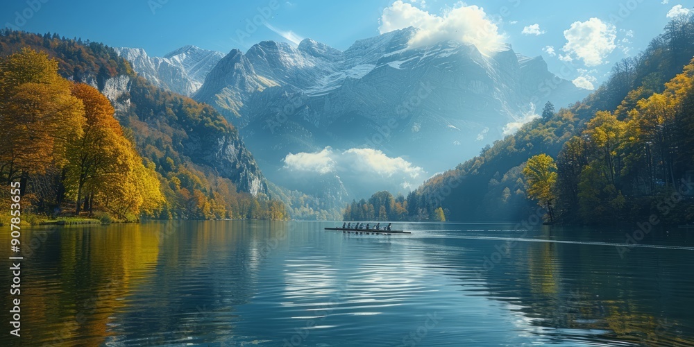 Rowing Team in a Serene Mountain Lake Rowing Team in a Serene Mountain Lake
