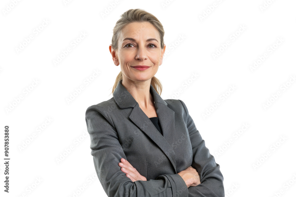 Successful middle aged businesswoman with ponytail in formal attire Isolated on white background Successful middle aged businesswoman with ponytail in formal attire Isolated on white background