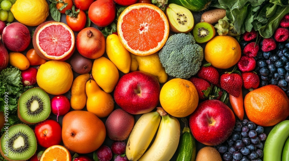 a variety of fresh, raw fruits and vegetables in their background. Background of organic, healthful food a variety of fresh, raw fruits and vegetables in their background. Background of organic, healthful food