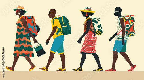 Group travelers summer vacation, carrying backpacks bags, diverse ethnic styles vibrant colors, expedition fun outdoor adventure, beach tropical climate. African people walking line, colorful