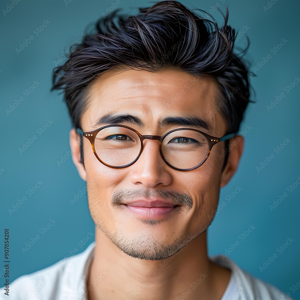 A happy man with glasses smiles warmly, set against a blue background, ideal for illustrating themes of confidence, friendliness, and professional profiles, A happy man with glasses smiles warmly, set against a blue background, ideal for illustrating themes of confidence, friendliness, and professional profiles,