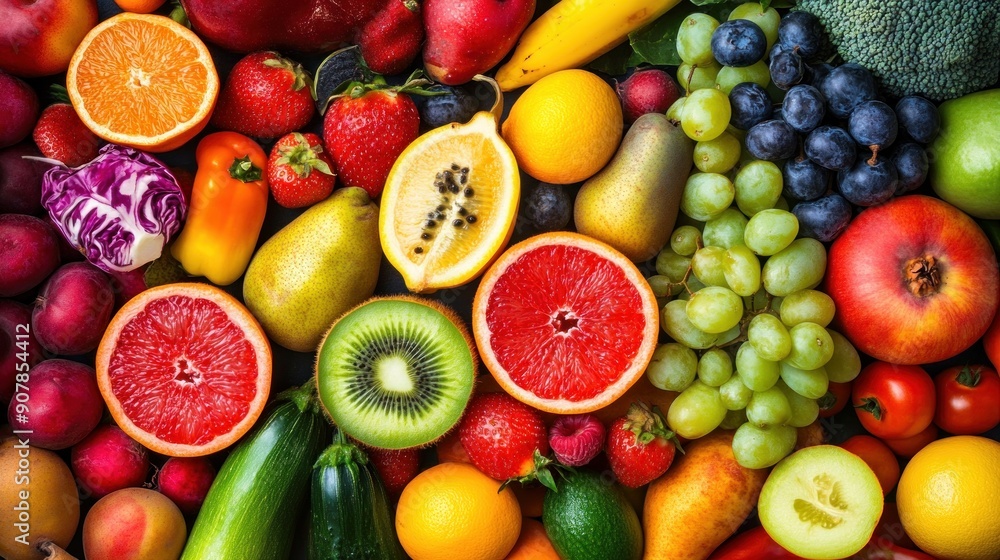 a variety of fresh, raw fruits and vegetables in their background. Background of organic, healthful food a variety of fresh, raw fruits and vegetables in their background. Background of organic, healthful food