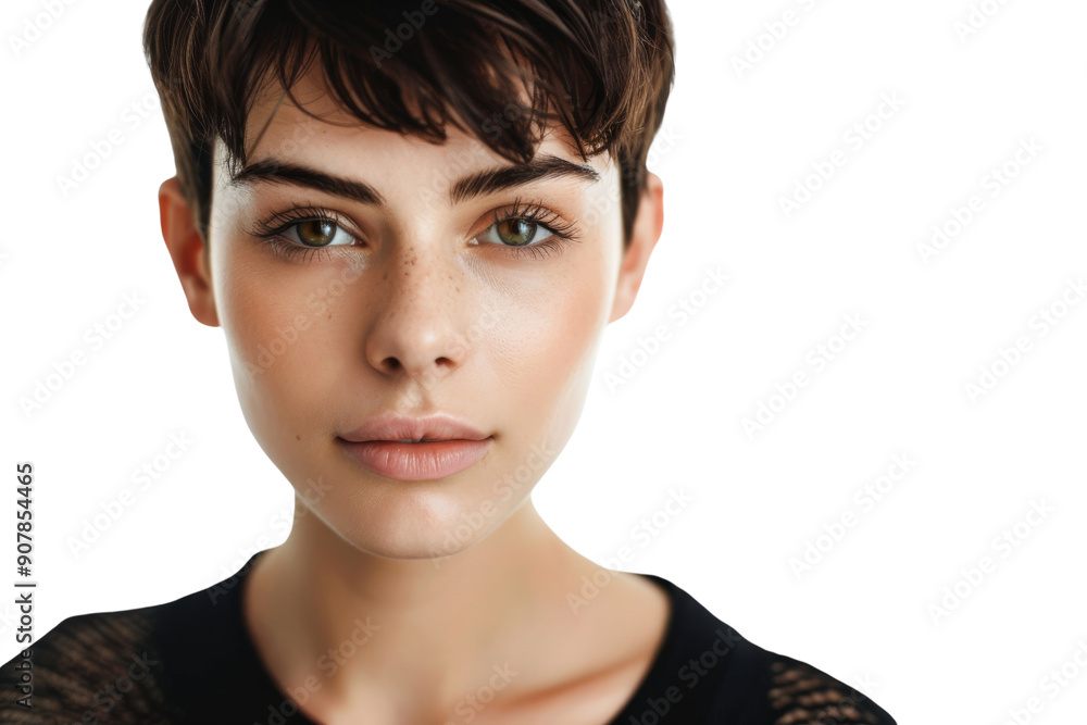 Stylish young woman with brown eyes and short hair Isolated on white background Stylish young woman with brown eyes and short hair Isolated on white background