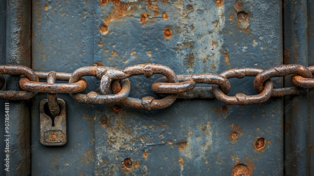 Rusty iron chain securing lock on metal door in afternoon
Rusty iron chain securing lock on metal door in afternoon