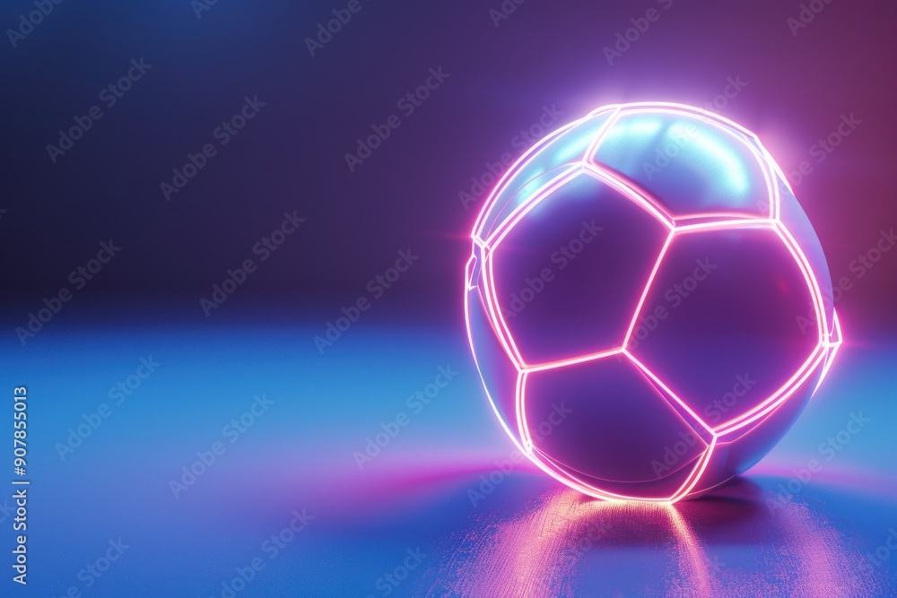 Fototapeta premium A neon soccer ball is lit up in a dark background. The ball is surrounded by a glowing line, giving it a futuristic and otherworldly appearance