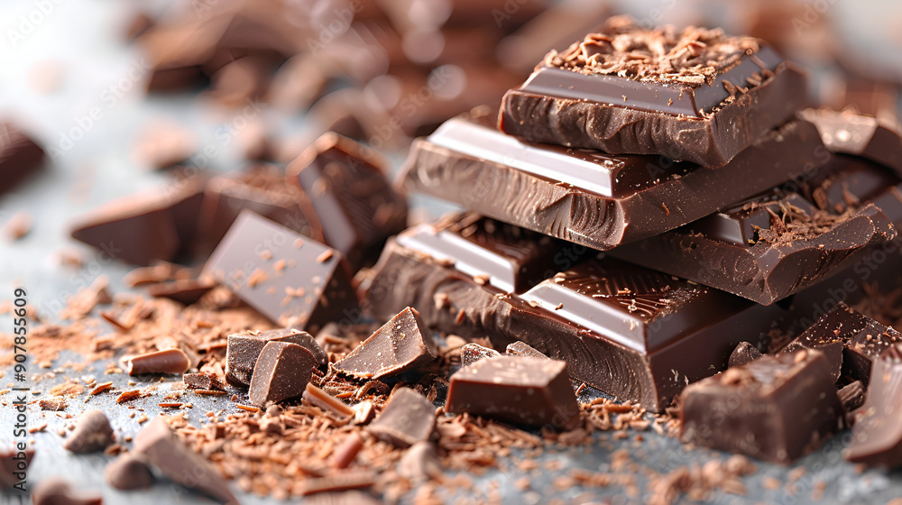 Pieces of tasty chocolate on grey wooden table, closeup view Pieces of tasty chocolate on grey wooden table, closeup view