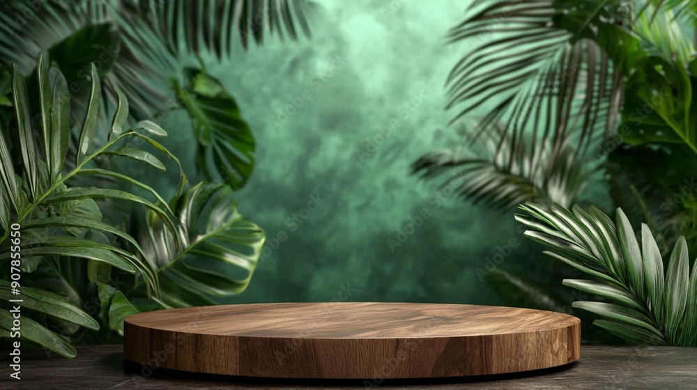 Tropical Product Paradise: A rustic wooden podium amidst lush tropical foliage, set against a vibrant green backdrop, perfect for showcasing natural or eco-friendly products. Tropical Product Paradise: A rustic wooden podium amidst lush tropical foliage, set against a vibrant green backdrop, perfect for showcasing natural or eco-friendly products.