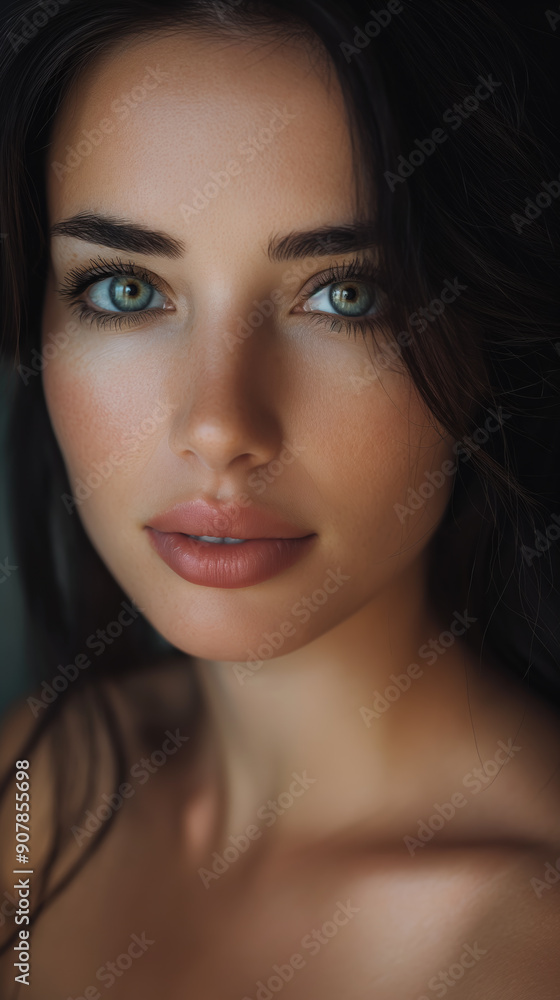 A stunning close-up portrait featuring a beautiful woman with green eyes, bare shoulders, fit body, and slightly freckled skin A stunning close-up portrait featuring a beautiful woman with green eyes, bare shoulders, fit body, and slightly freckled skin