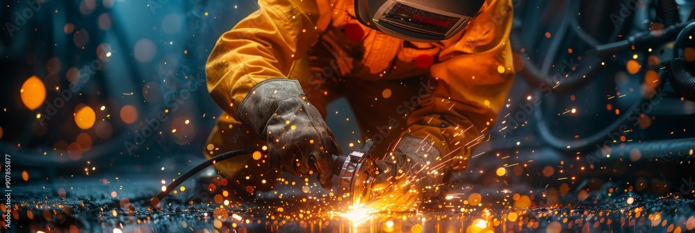 Welder in protective gear working with sparks flying in industrial environment.
