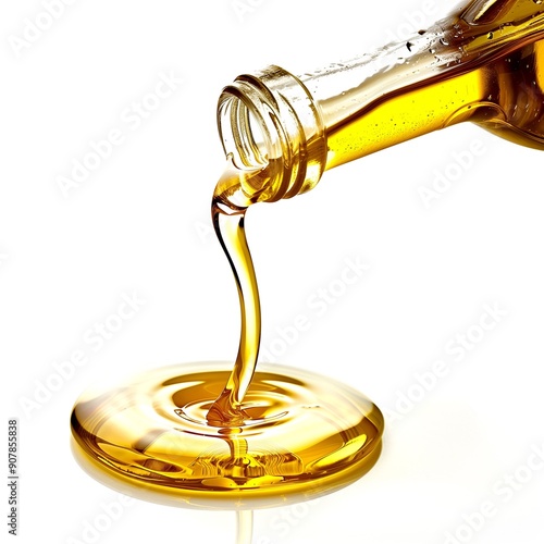 vegetable oil is poured from a bottle on a white background