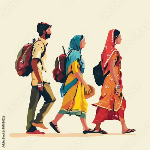 Three rural individuals walking, backpacks carried, clothing worn. Three rural Indian people hiking, outfits, backpacks, side view, journey, migration, vector art villagers