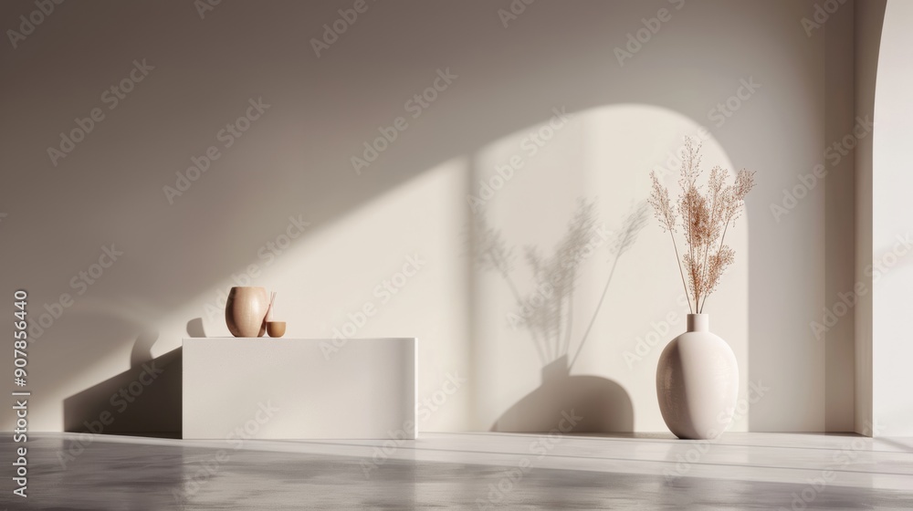A white room with a vase and a bowl on a table