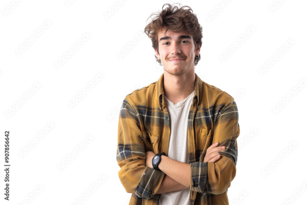 Naklejka premium Smiling young man in casual attire, hands in pockets, isolated on white background