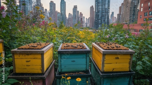 Beekeeping hives on a corporate rooftop garden, with cityscape in the background