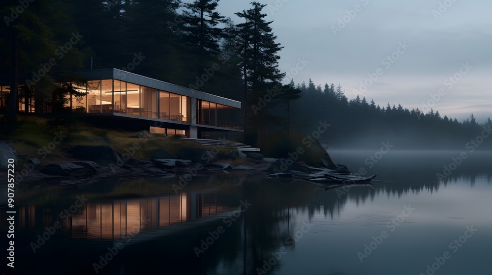 Fototapeta premium Modern Cabin by the Lake: Tranquil Retreat in Nature