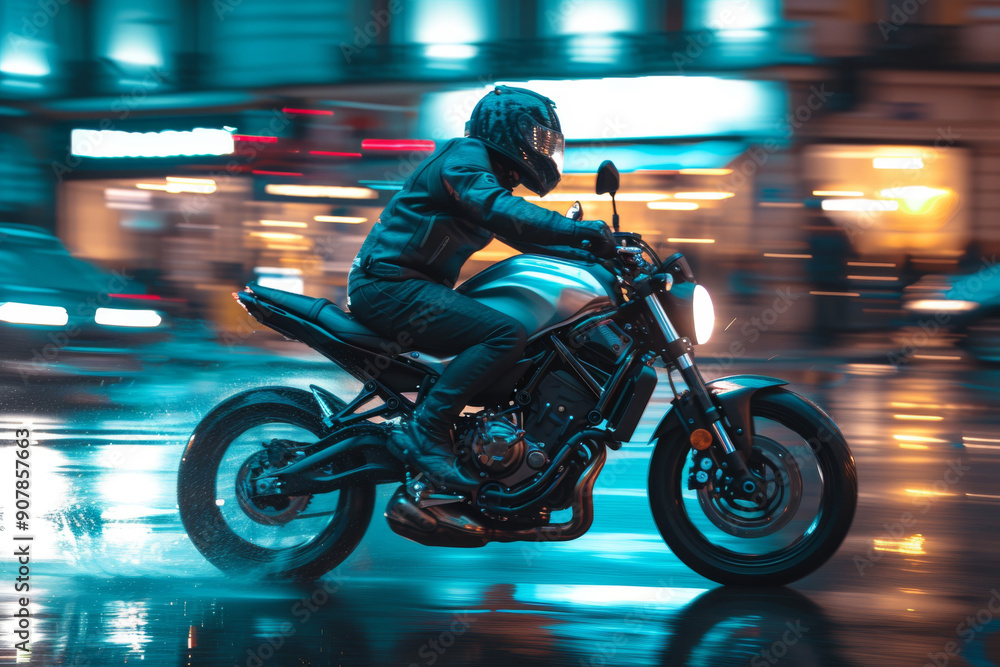 Fototapeta premium Motorcyclist riding through city streets at night, side view capturing motion blur panning effect from city lights and reflections on wet road, embodying spirit of adventure and urban exploration