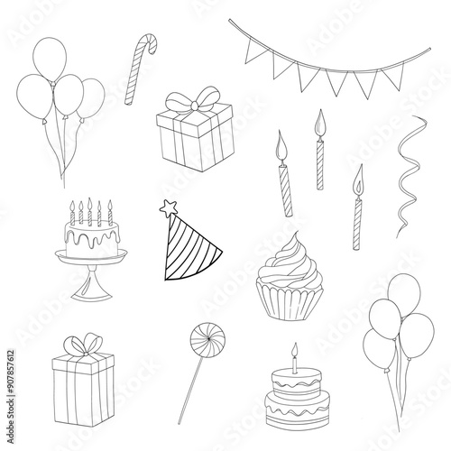 Happy Birthday elements decoration design Cake balloons presents muffins donut candle outline for coloring on a white background