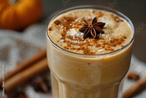 Pumpkin smoothie in a rustic jar, Garnished with cinnamon stick and star anise, Surrounded by scattered pumpkin seeds and fall leaves. photo