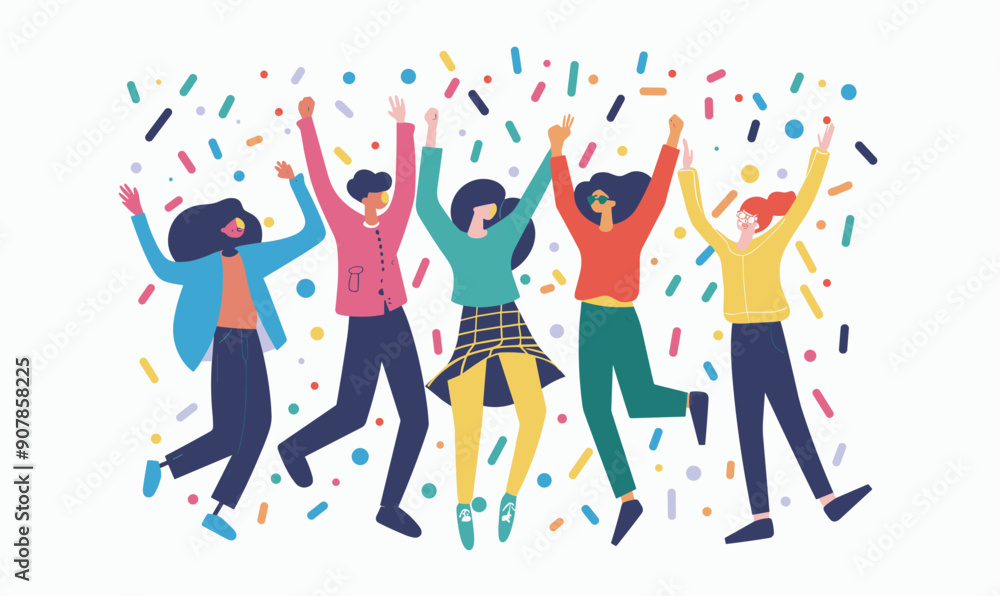 Group diverse young people jumping celebrating confetti around happy community concept flat vector illustration. Teamwork joyful employees corporate event vibrant colors modern graphic style Group diverse young people jumping celebrating confetti around happy community concept flat vector illustration. Teamwork joyful employees corporate event vibrant colors modern graphic style