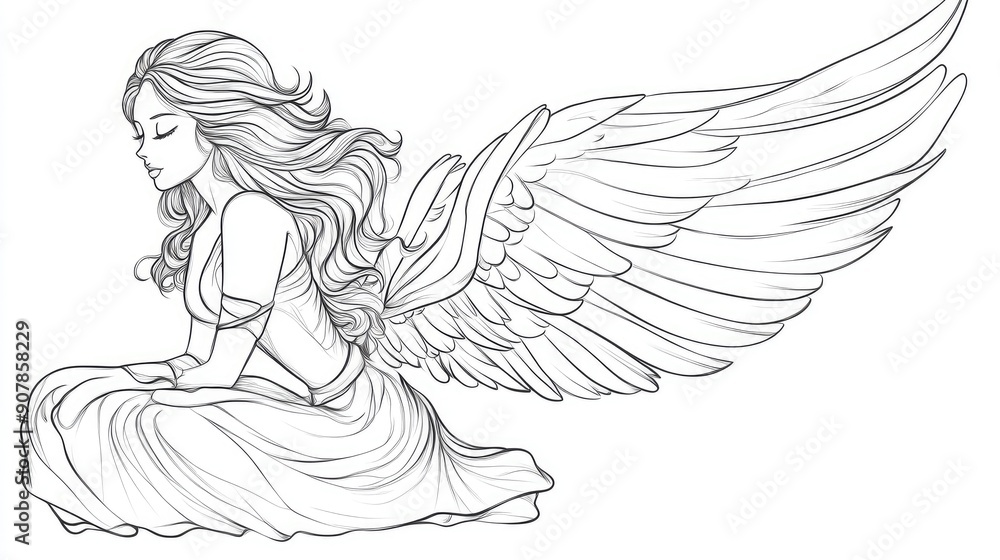 Fototapeta premium Beautiful angel cartoon line drawing used for coloring on white background. Generative Ai