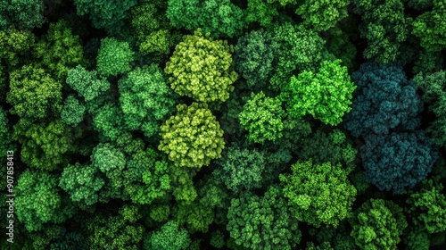 Sustainable forestry practices from above, showing reforestation efforts and diverse tree species