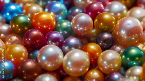 Vibrant collection of multicolored pearls, showcasing their shiny, iridescent surfaces in various hues, creating visually appealing display