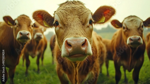 Curious Cow Collective: A herd of brown cows gathers in a lush green pasture, their inquisitive gazes fixed on the camera. 