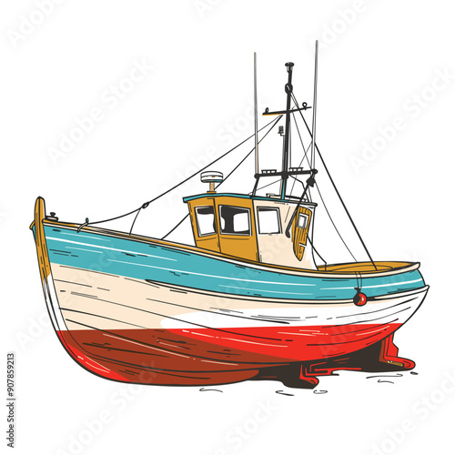Colorful wooden fishing boat anchored dockside, isolated white background. Blue, red, cream hues, multilevel deck, aerial nets visible. Traditional, sturdy vessel suited commercial fishing, isolated
