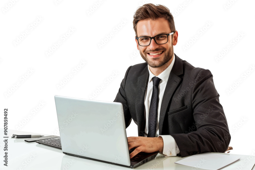 Smiling businessman working remotely with laptop Isolated on white background Smiling businessman working remotely with laptop Isolated on white background