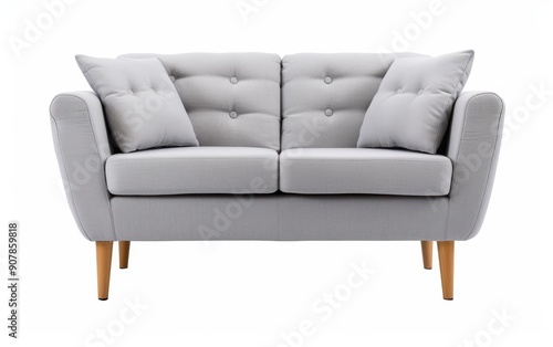 A gray fabric sofa with wooden legs and buttons in a modern style © Emqan