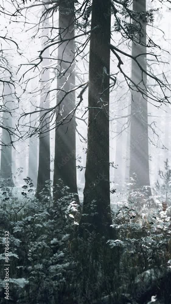 Fog in the forest on a cold winter cloudy day with first snow Fog in the forest on a cold winter cloudy day with first snow
