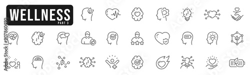 Wellness, wellbeing, mental health, healthcare. Set of line icons. Part 3