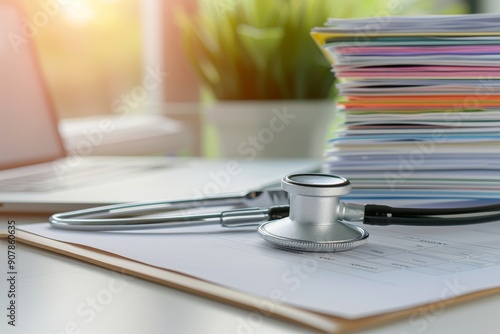 Stethoscope and medical documents on blurred background of hospital office