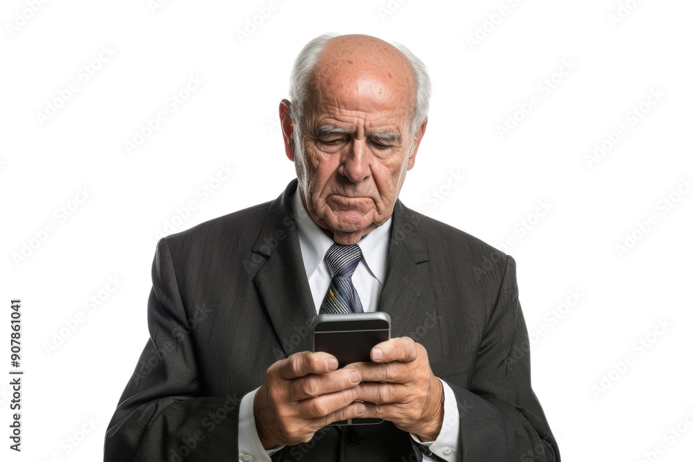 Senior executive reading news on smartphone, isolated on white background Senior executive reading news on smartphone, isolated on white background