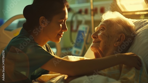 A compassionate nurse comforts an elderly patient in a hospital setting, showcasing empathy and care.