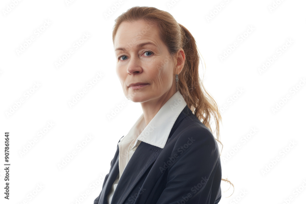 Professional middle aged female entrepreneur in formal suit with ponytail Isolated on white background Professional middle aged female entrepreneur in formal suit with ponytail Isolated on white background