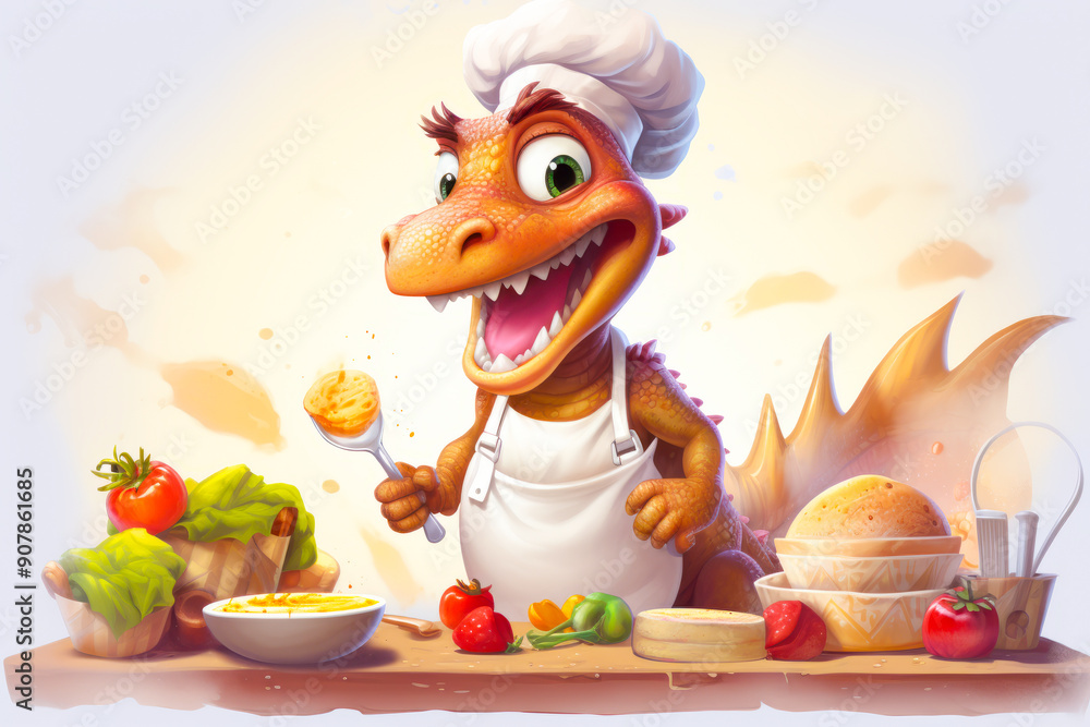 Naklejka premium Happy Dragon Chef Cooking