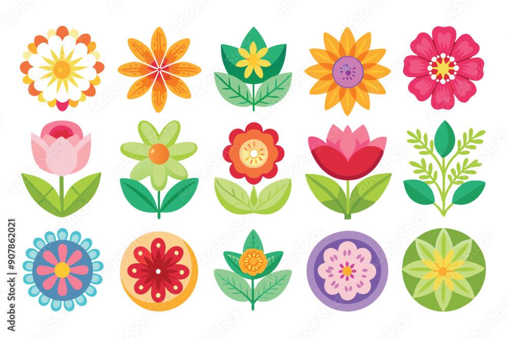 Collection of Colorful Flower Illustrations with Various Shapes and Styles Collection of Colorful Flower Illustrations with Various Shapes and Styles