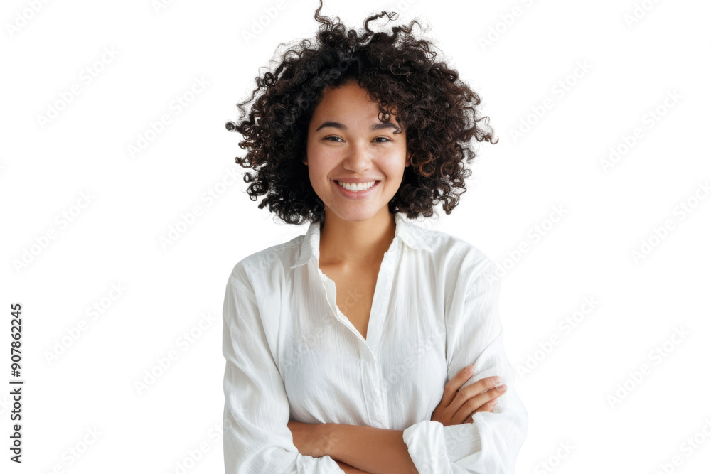 Positive ethnic woman in casual clothes smiles standing confidently Isolated on white background Positive ethnic woman in casual clothes smiles standing confidently Isolated on white background
