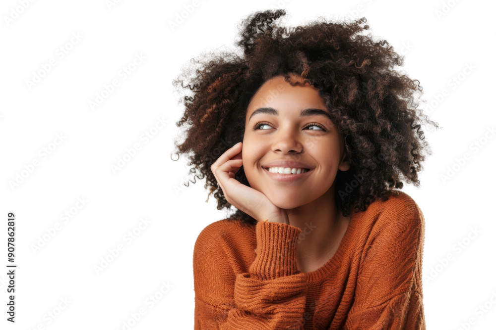 Positive ethnic woman in casual clothes smiles looking into the distance Isolated on white background Positive ethnic woman in casual clothes smiles looking into the distance Isolated on white background