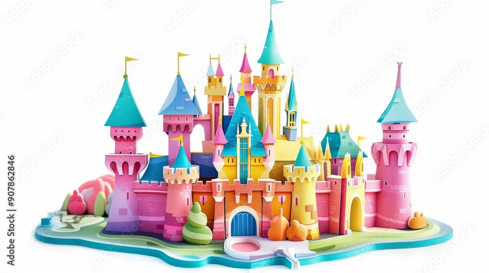 Bright colorful cartoon castle model with towers and flags, isolated on white background, suitable for children and fantasy themes. Bright colorful cartoon castle model with towers and flags, isolated on white background, suitable for children and fantasy themes.