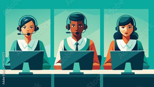 3 rows of 3 customer service workers sit wearing headsets at identical desks and monitors, representing a help desk or call center team. Flat vector shapes are presented on a 16x9 artboard using a lim