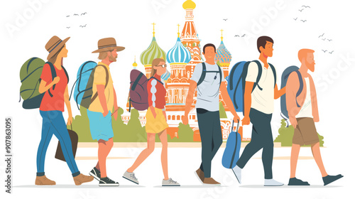 Group tourists backpacks walking Moscow Red Square St. Basils Cathedral. Traveling exploring popular Russian landmark summer vacation holiday. Diverse characters young adults pair men women
