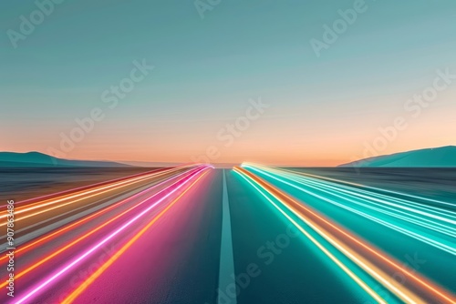 Colorful speed streaks gathering at horizon, vibrant lighting, futuristic background