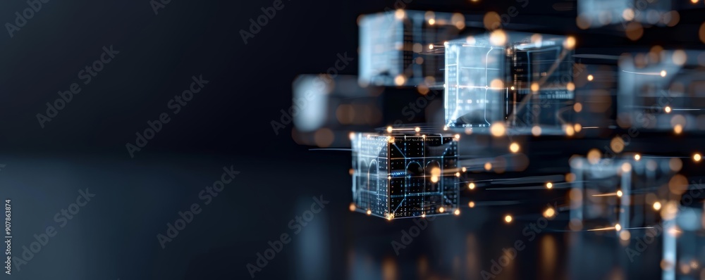 Fototapeta premium Floating digital cubes with light trails, network connection, metaverse theme, futuristic technology, dark backdrop